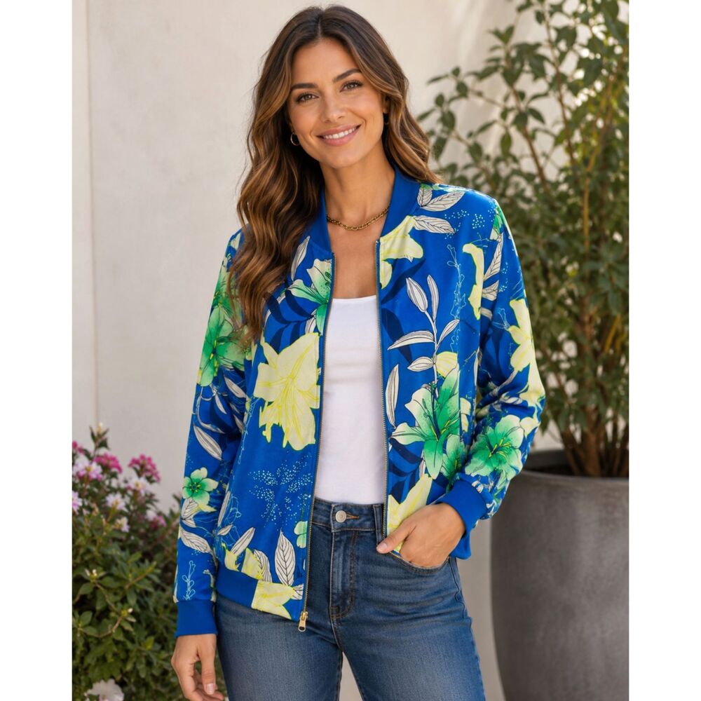 Iman reversible jacket full zip floral blue festive bohemian casual women L